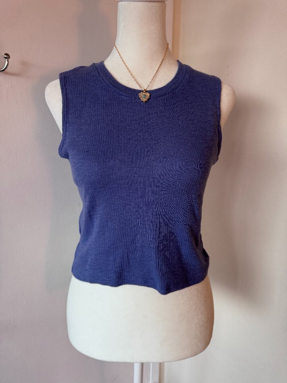 Outlaw Ribbed Crop Tank Top | Size M | Blue Sleeveless Fitted Top